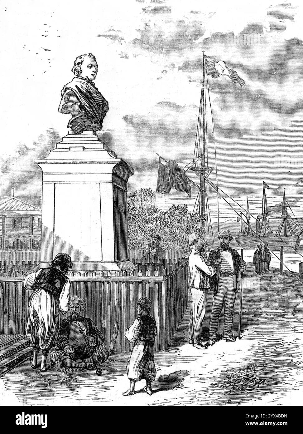Denkmal für Lieutenant Waghorn in Suez, 1872. Die Suez Canal Company hat ein Denkmal zum Gedenken an den verstorbenen Leutnant Waghorn errichtet, den genialen und unternehmungslustigen Pionier der Überland- und Roten Meer-Route nach Indien und China. Es handelt sich um eine kolossale Bronzebüste auf einem schönen Marmorsockel mit einem bronzenen Basrelief von Waghorn, das die Wüste auf einem Kamel vermisst, in dem ein Zug der Orientalen teilnimmt. Die Inschrift lautet „La Compagnie universelle du Canal Maritime de Suez, au Leutnant Waghorn“. Das Denkmal befindet sich am Eingang des Kanals, so dass man es von eintretenden Schiffen sehen kann Stockfoto Denkmal für Lieutenant Waghorn in Suez, 1872. Die Suez Canal Company hat ein Denkmal zum Gedenken an den verstorbenen Leutnant Waghorn errichtet, den genialen und unternehmungslustigen Pionier der Überland- und Roten Meer-Route nach Indien und China. Es handelt sich um eine kolossale Bronzebüste auf einem schönen Marmorsockel mit einem bronzenen Basrelief von Waghorn, das die Wüste auf einem Kamel vermisst, in dem ein Zug der Orientalen teilnimmt. Die Inschrift lautet „La Compagnie universelle du Canal Maritime de Suez, au Leutnant Waghorn“. Das Denkmal befindet sich am Eingang des Kanals, so dass man es von eintretenden Schiffen sehen kann Stockfoto
