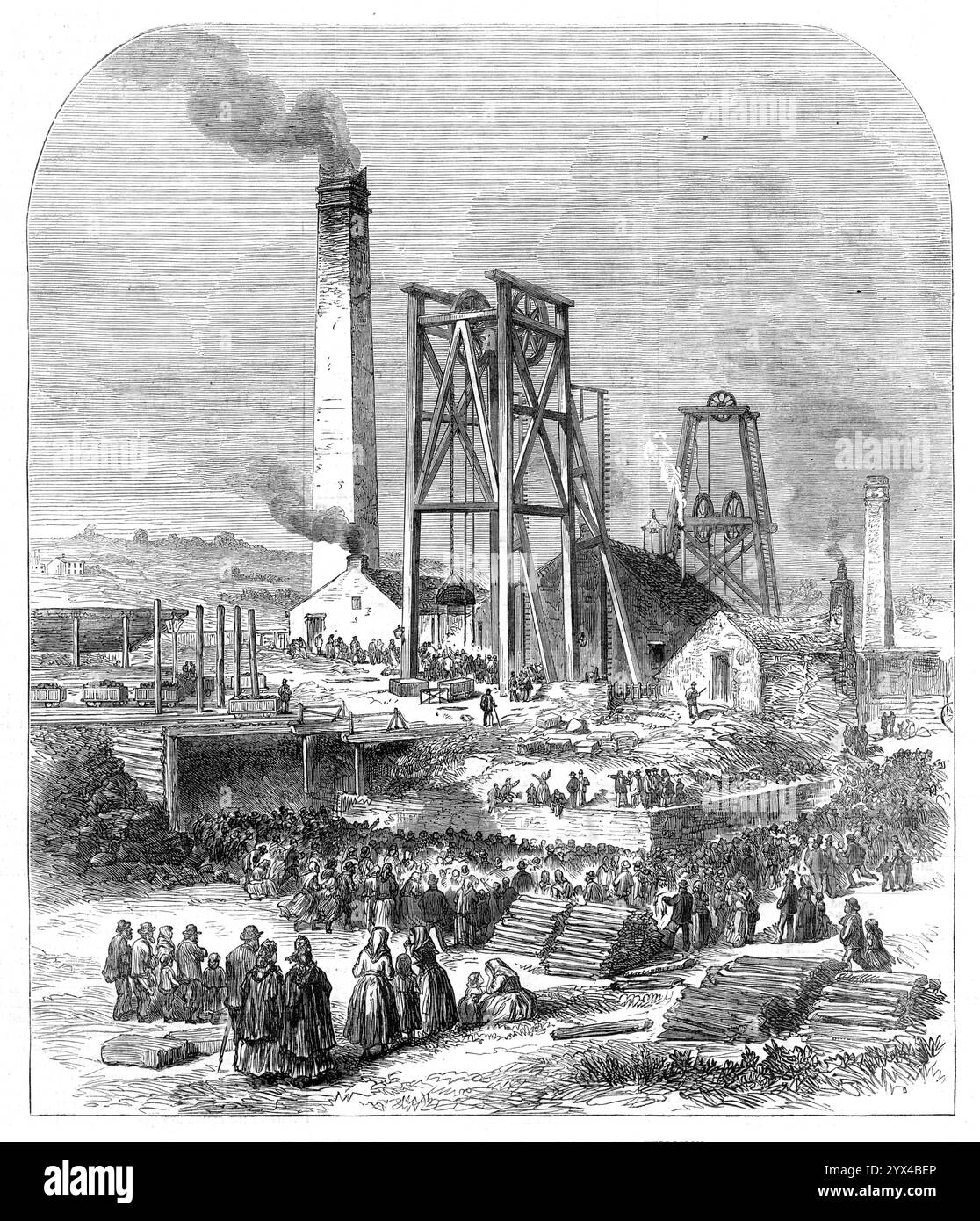 Die Morley Main Colliery in der Nähe von Dewsbury, nach der Explosion 1872. "Die schreckliche Katastrophe, bei der etwa vierzig Männer und Jungen ihr Leben verloren, war eine Explosion des brennbaren Gases; und es gibt zu viel Grund zu glauben, dass es an der Unachtsamkeit einiger Männer lag, die luzifer-Streichhölzer benutzt haben, wo sie arbeiteten. Bei der Untersuchung wurden Beweise dafür gegeben, dass in den Taschen des Verstorbenen Streichhölzer, Fusionen, Tabak und Pfeifen und ein Schlüssel gefunden wurden, mit dem die Sicherheitslampe geöffnet werden konnte; und Ralph Berry, der Untergrundpfleger, sprach davon, dass er in der Grube zwei Stunden Tabakrauch gerochen habe Stockfoto