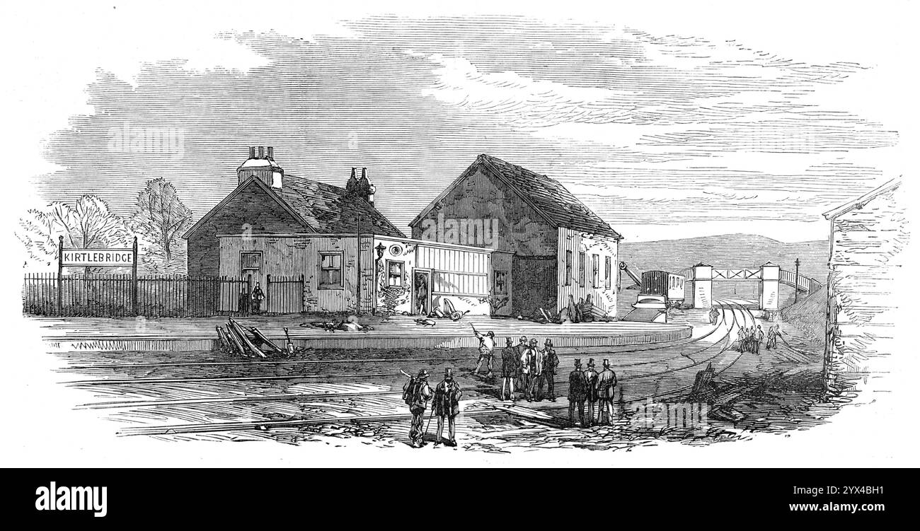 Ort des Eisenbahnunglücks in Kirtlebridge, Dumfries, [Schottland], 1872. Ein Triebfahrzeugführer und zehn Passagiere wurden getötet und viele wurden verletzt... ein Mineralzug aus Carlisle... kam am Bahnhof Kirtlebridge vor dem Expresszug an... die Männer, die für den Mineralzug verantwortlich waren, mussten einige Wagen in Kirtlebridge abstellen, und zu diesem Zweck schleuderte ihr Zug von der Downline zur Upline... leider drehte der Mann, der für die Punkte verantwortlich war, sie so, dass der Mineralzug, anstatt entlang der Upline zu fahren, über die Straße und auf die Downline geführt wurde Stockfoto