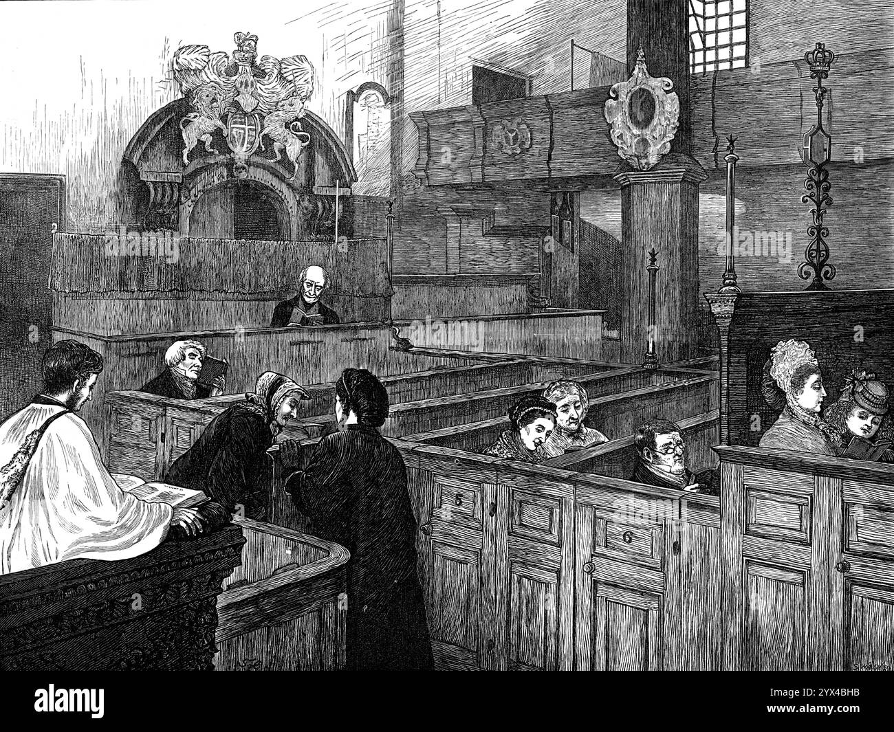 Eine Gemeindeversammlung der Stadt, 1872. '...it wäre nicht schwer, Orte von worship...between St. Paul's und dem Tower zu finden, wo der Mangel an ansässigen Familien der Mittelschicht nur wenige Personen übrig lässt, die wahrscheinlich regelmäßig im Gottesdienst arbeiten. Der Grund für diese offensichtliche Verderbnis ist offensichtlich keine Gleichgültigkeit gegenüber den öffentlichen Religionsausübungen... sondern einfach die Tatsache, dass bloße Lagerhäuser und Handelsämter an die Stelle von Wohnungen getreten sind, seit so viele der alten Kirchen gebaut wurden... die Bevölkerung der Stadt... nimmt immer noch rapide ab, nachdem sie in zehn Jahren zurückgegangen ist Stockfoto