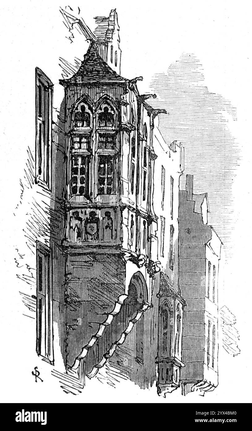 Altes Fenster, Brüssel, 1872. "Die älteren Viertel in einem anderen Stil sind voller Interesse; und der intelligente Fremde wird hier viel finden, um seine Erkundungen zu belohnen... die antiken Häuser mit ihrer aufwendigen dekorativen Skulptur, die hier die Bewunderung des Besuchers bezeugen, waren die Säle verschiedener Zünfte oder Handelsgesellschaften, die früher ein hohes Maß an verfassungsmäßiger würde und politischer Autorität genossen." Aus Illustrated London News, 1872. Stockfoto