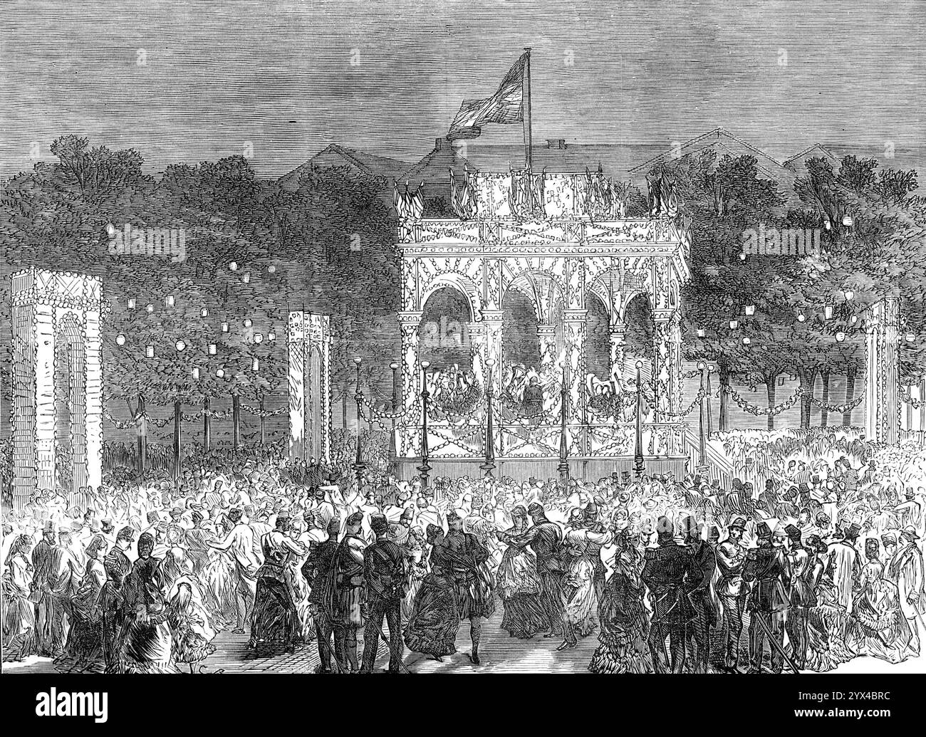 The English Volunteers at Gent: Open-Air Festival am Place d’Armes, 1872. Soldaten der britischen Armee in Belgien. Am Abend wurde die Stadt beleuchtet, besonders der Place d'Armes, ein großer offener Platz, wo ein großes Konzert von der Royal Society of M&#xe9;lomanes unter M. Edward Nevejans gegeben wurde, wobei die Musik von der Band der Guides und den Sängern der verschiedenen Gesellschaften mit den Schülern der Handelsschulen stammt. Das große Merkmal war eine Ode an die ausländischen Schützen. Dies wurde in Flämisch gesungen und begrüßte Briten, kräftige Nachkommen der Königin der Meere,&quot Stockfoto