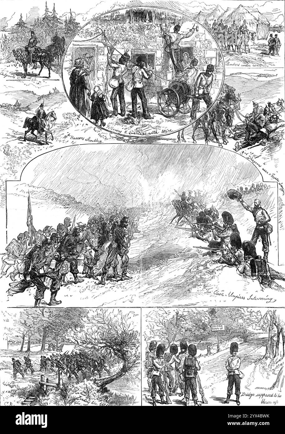 Die Herbstkampagne, 1872. Scheinschlachten der britischen Armee in Wiltshire. "Außenposten; Limbers unter Deckung; 10. Husaren auf der Suche nach H. Quartiere mit Draht; 3rd Dragons in der Nähe des Turms Langford; zu nah - umpires intervenieren; die Fording des Flusses Wiley durch die West Yorker Miliz; die Brücke soll in die Luft gesprengt werden...die Royal Welsh Fusiliers werden durch eine Pontonbrücke überquert...das Staunen der Rustiker und Dorfschulkinder über die Erscheinung der Truppen, sowie die Methoden, mit denen die Soldaten es geschafft haben, sich beim Marsch ein Dutzend oder fünfzehn Meilen zu machen Stockfoto