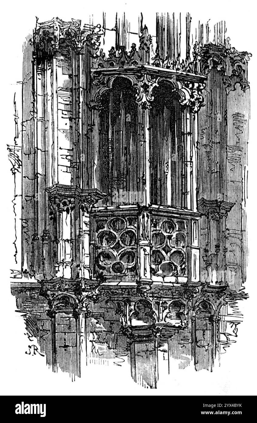 Balkon, Hotel de Ville, Gent, 1872. "Das Hotel de Ville hat zwei verschiedene Fronten - eine im Norden in der reichsten, exzessiv dekorierten Gotik; die andere im Osten, die mehr als hundert Jahre später im Stil der italienischen Renaissance erbaut wurde, mit drei verschiedenen Ordnungen griechischer Säulen. Dieses Gebäude ist für die Versammlung des Kongresses der Flämischen Liga im Jahre 1576 bekannt, um die Spanier aus dem Land zu vertreiben - ein Unternehmen, das von unserer Königin Elisabeth unterstützt wurde und für das Sir Philip Sidney auf dem Schlachtfeld starb. Tausende Protestanten wurden auf dem Scheiterhaufen verbrannt Stockfoto