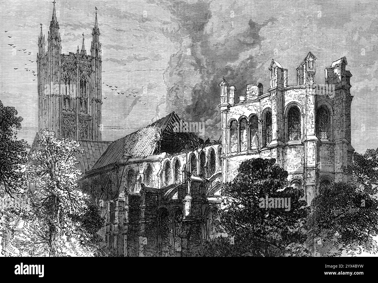 Das Feuer in der Kathedrale von Canterbury, 1872. Feuer '...caused durch das Umkippen eines Topfes mit brennender Kohle, der von den Klempnern benutzt wird, um die bleihaltige Abdeckung des Daches zu löten. Das geschmolzene Blei strömte durch die Holzarbeiten unten, und das Dach in diesem Teil brannte bald... der Orgelgebläse hatte die Gegenwart, zum Turm zu gehen und die große Glocke zu läuten... Rauch und Flammen wurden bald gesehen, die in Volumen von diesem Teil des östlichen Dachs auftauchten... der Schlauch der Feuerämter Phoenix und Kent und der Freiwilligen Feuerwehr der Stadt war ausreichend lang, um am Hy befestigt zu werden Stockfoto