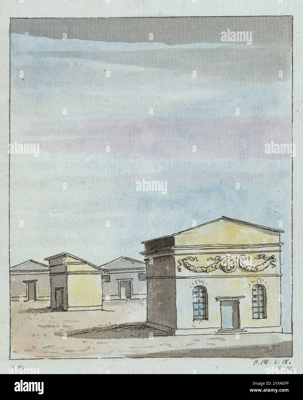 Häuser in Spoleto, 1786. Von „Resa til Italien [Reisen nach Italien], 1780, 1781, 1782. Skrifven 1782 i Stralsund“, von Carl August Ehrensv&#xe4;RD, [Stockholm, 1786]. Stockfoto