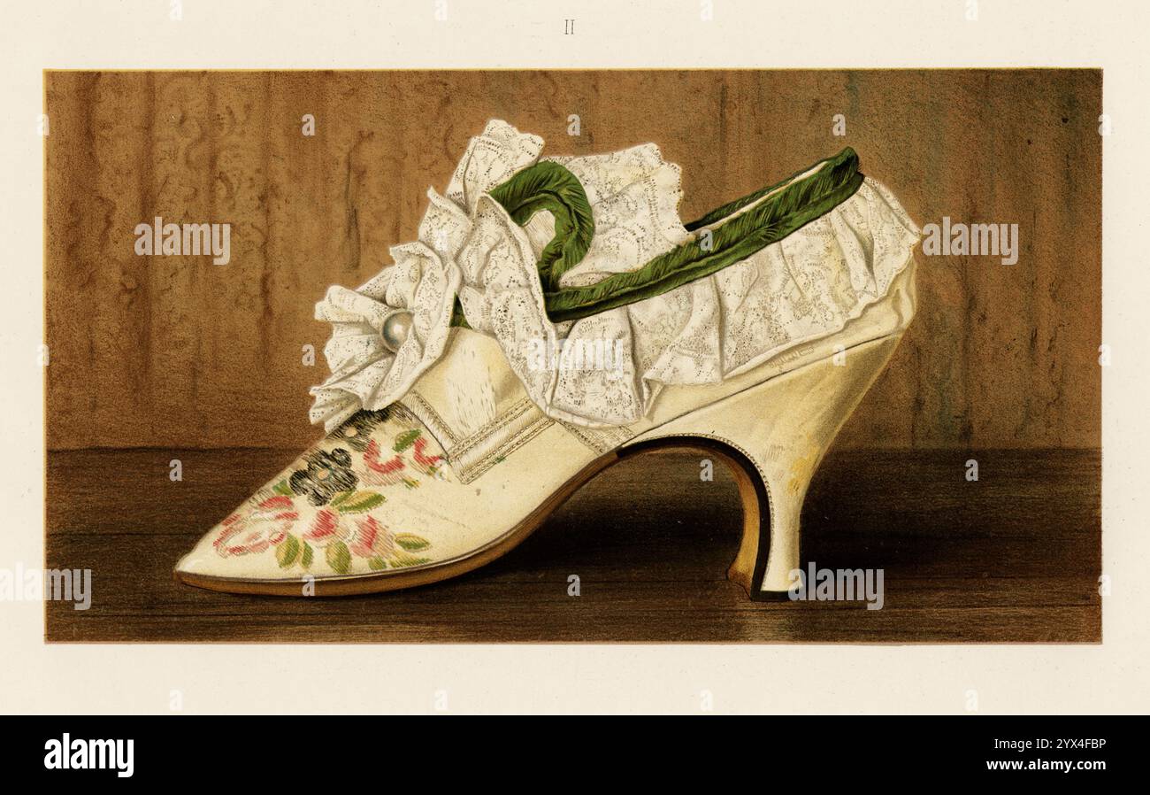 Miss Langleys Schuh, 1885. Aus „Ladies' Old-Fashioned Shoes“ von T. Watson Greig von Glencarse, Einem Vizepräsidenten der Literary and Antiquarian Society of Perthshire, &amp;c., &amp;c. Mit elf Illustrationen aus Originalen in seiner Sammlung“, [Edinburgh, 1885]. Stockfoto