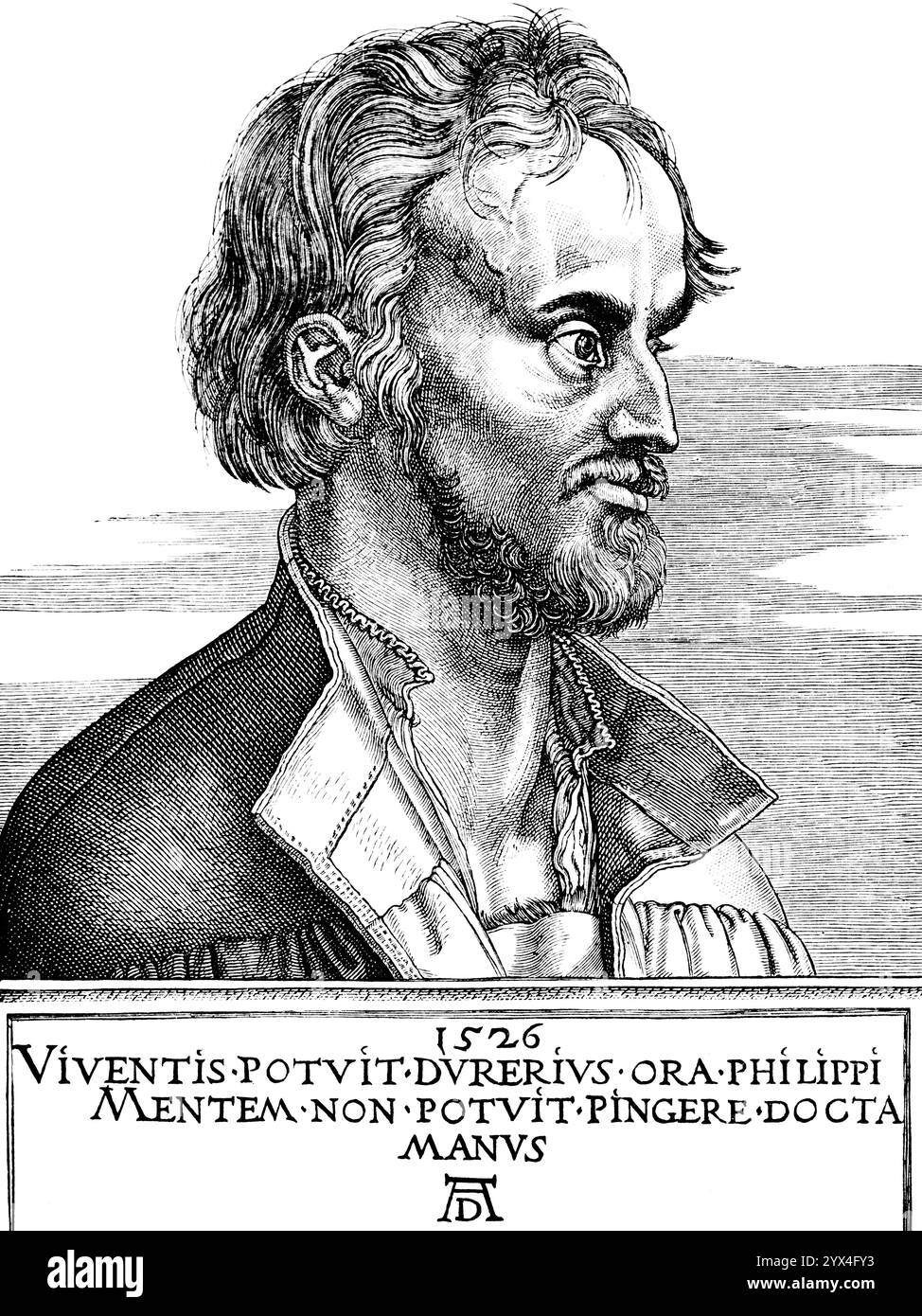 Porträt, Philipp Melanchton (1497–1560), Prediger in der Wittenberger Stadtkirche, Heilige Messe auf Deutsch, Zeichnung nach A. Duerer 1526, historische Illustration Stockfoto