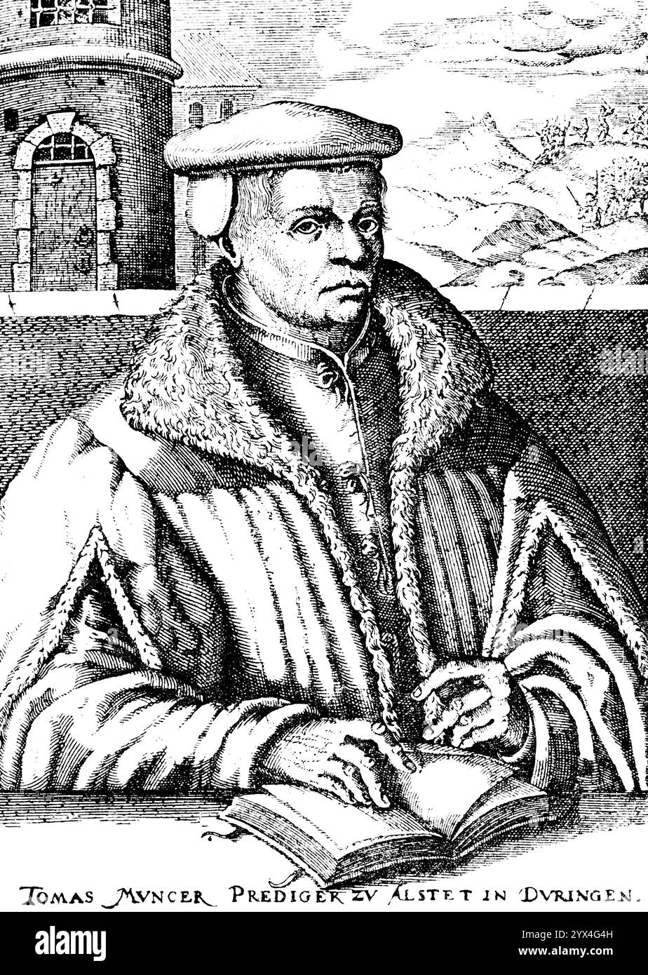 Thomas Muentzer oder Muenzer (1489–1525) nach einem Holzschnitt, Porträt, in der Hintergrunddarstellung seiner Hinrichtung, Tod durch Enthauptung, Kampf um ein neues Stockfoto