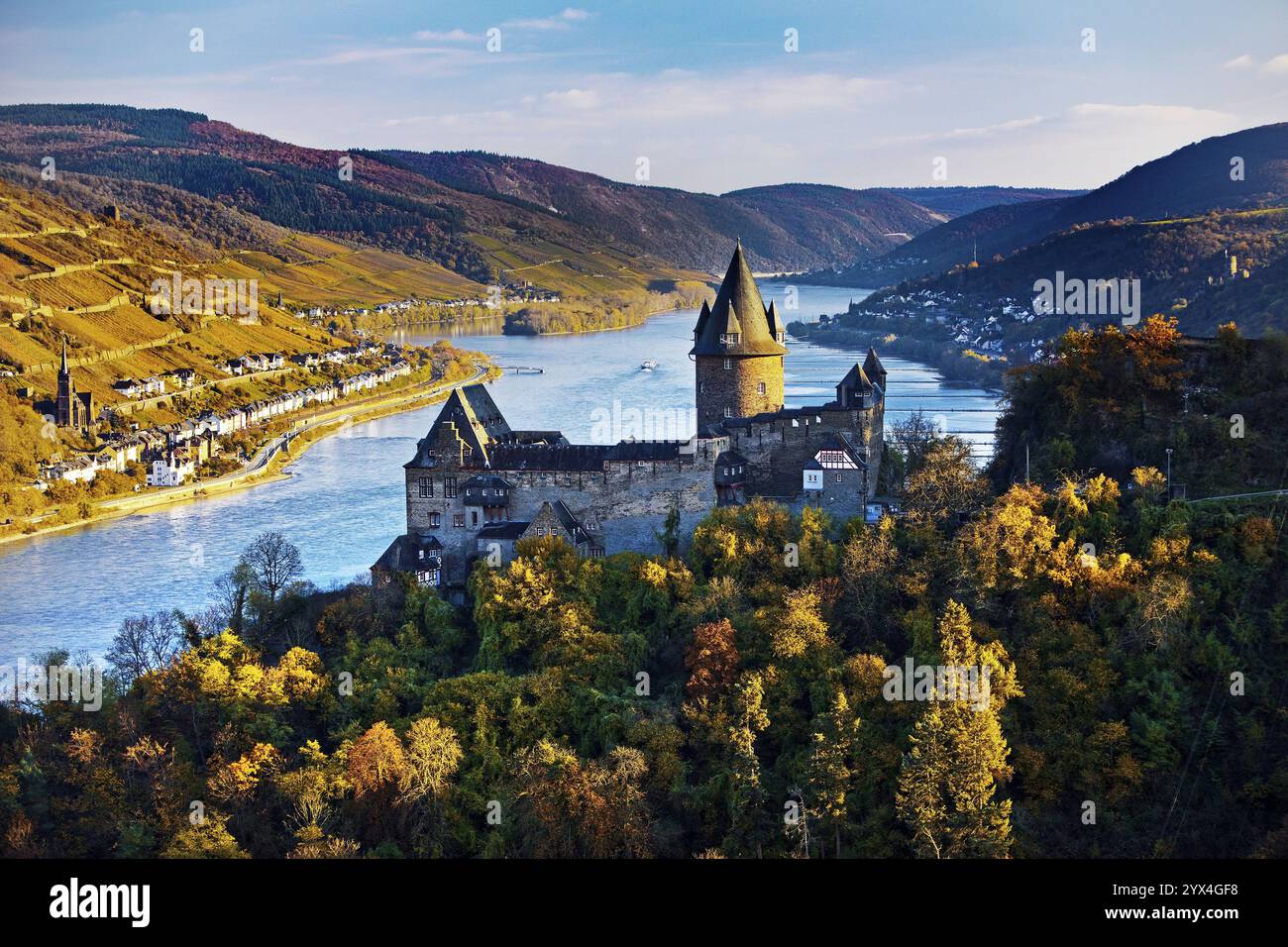 Schloss Stahleck, Burg auf einem Hügel mit Blick auf den Rhein, Bacharach, UNESCO-Weltkulturerbe Oberes Mittelrheintal, Herbst, Rheinland-Pfalz, Germa Stockfoto