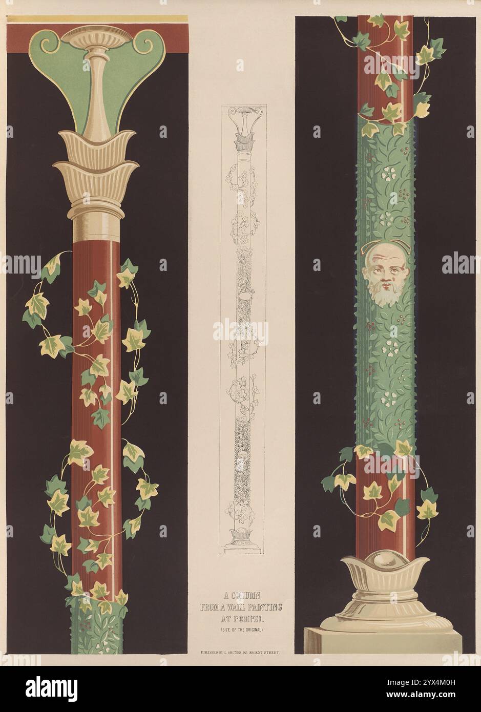 Eine Säule aus einem Wandgemälde in Pompeji, 1850. Aus „Exemplaren Der Ornamentalkunst, Ausgewählt Aus Den Besten Modellen Der Klassischen Epochen. Illustriert Von Eighty Plates. Von Lewis Gruner, Autor von Fresko-Dekorationen und Stuckarbeiten von Kirchen, Palästen und Villen in Italien im 15. Und 16. Jahrhundert; und von her Majesty's Pavillon in Buckingham Palace Gardens usw. Usw. Mit beschreibendem Text von Emil Braun“, [herausgegeben von Thomas McLean, London, 1850]. Stockfoto