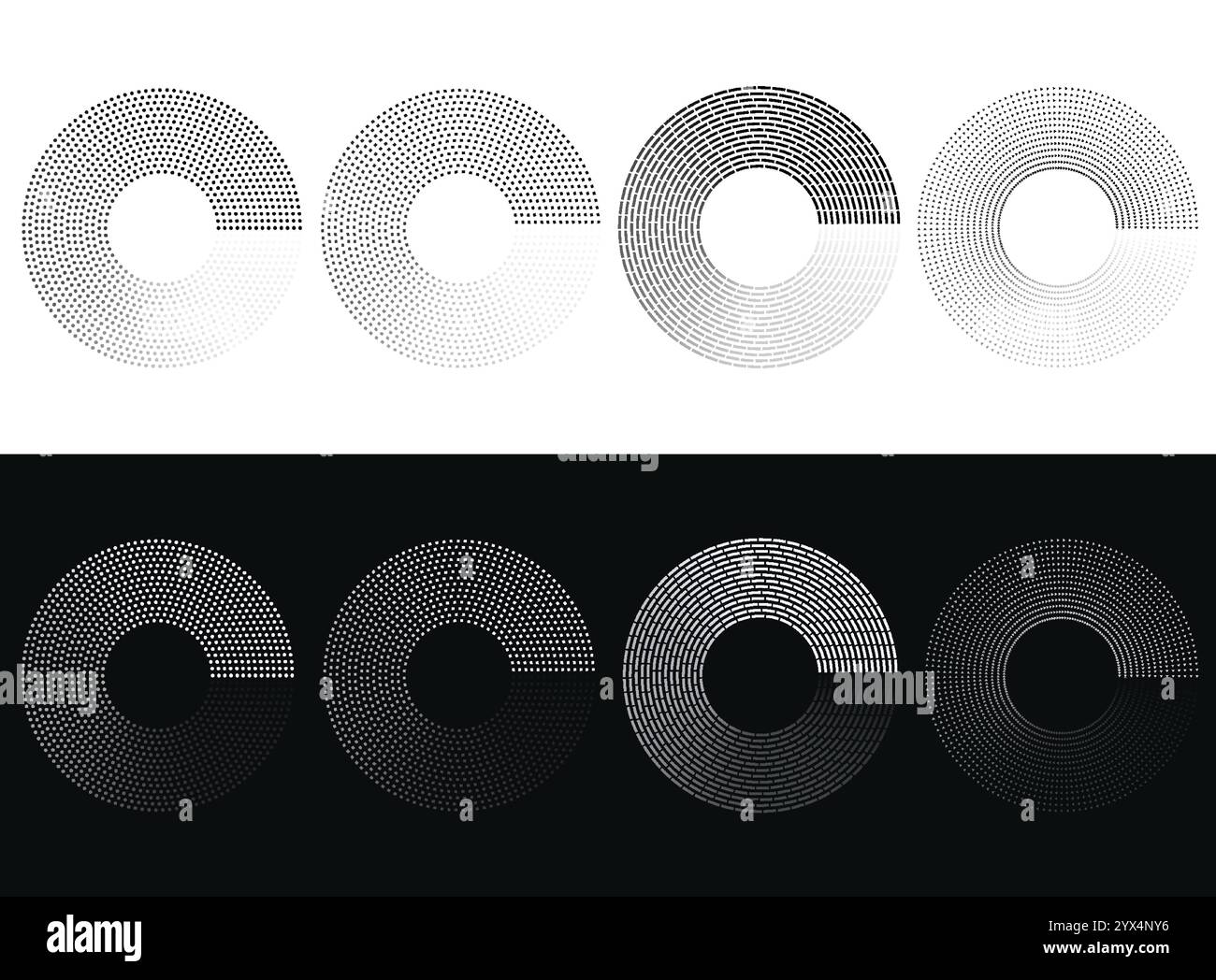 Runde geometrische Spiralwellen in Form von Punkten und Linien. Set aus leuchtenden, kreisförmigen dynamischen Rhythmen. Stock Vektor