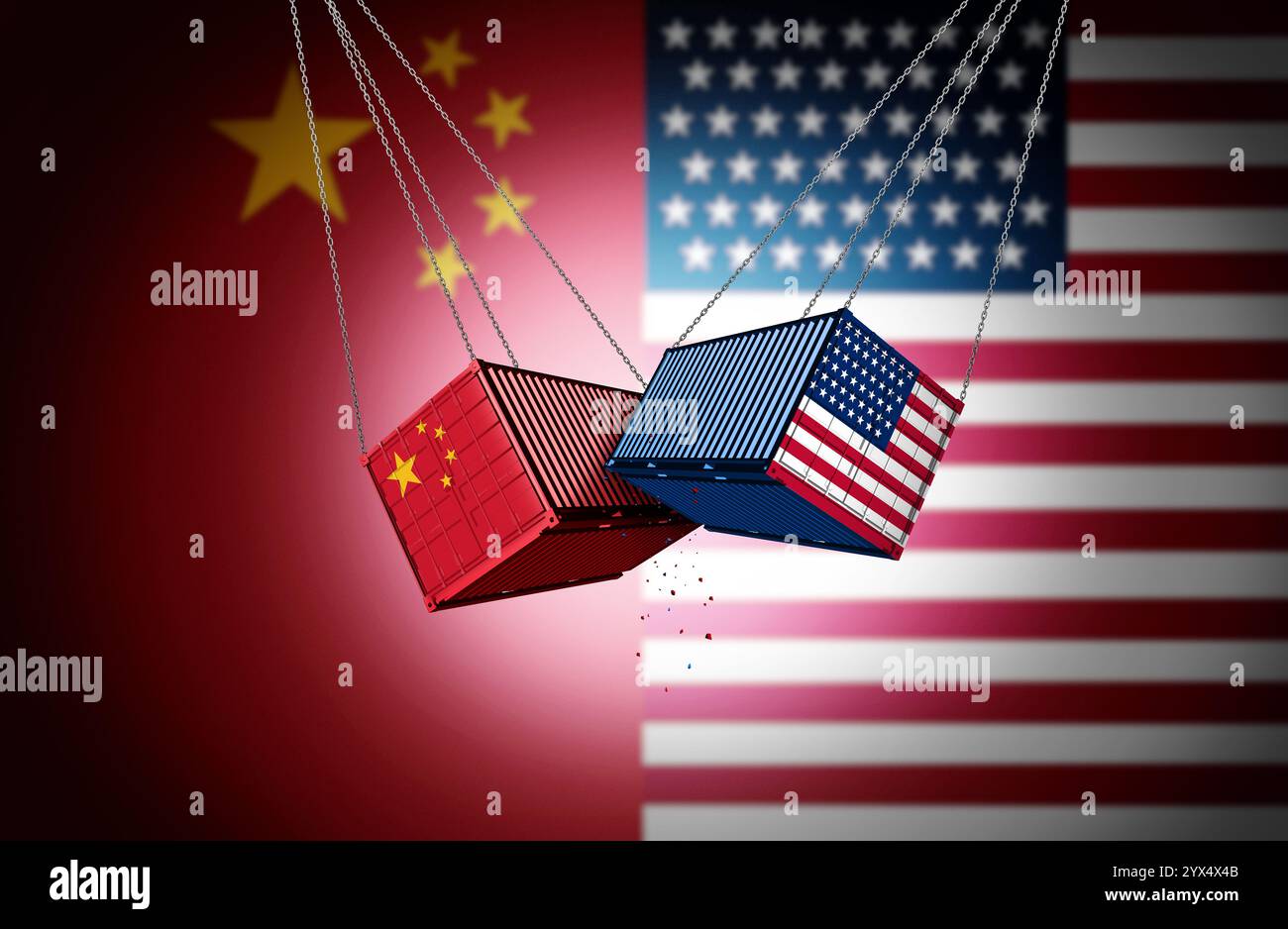 USA China Zollkonflikt als US-amerikanischer und chinesischer Handelskrieg oder amerikanische Zölle als zwei gegensätzliche Frachtcontainer als internationaler Wirtschaftsstreit Stockfoto