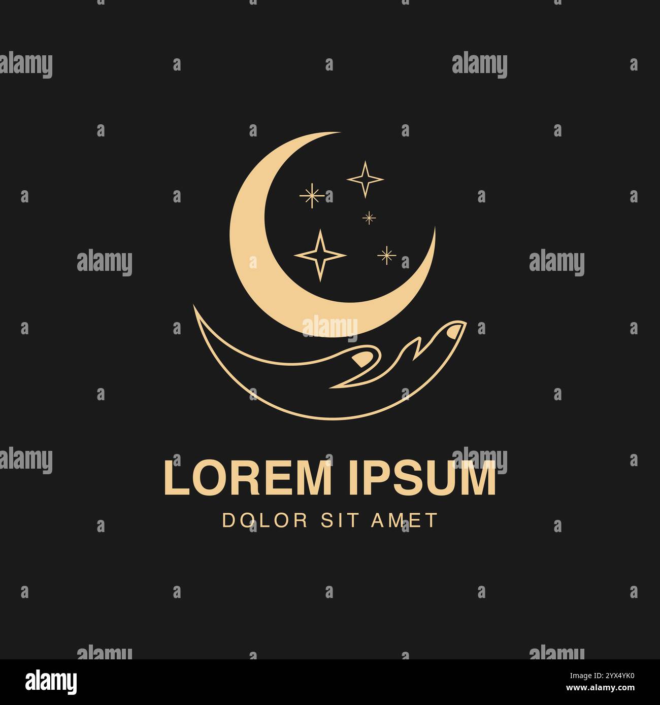 Abstrakte Vektor-Logo-Designvorlage im trendigen linearen Minimal-Stil - Hand mit Mond und Sternen Stock Vektor