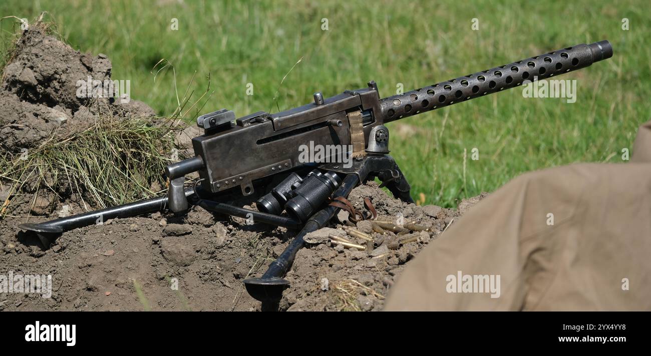 Das M1919 Browning ist ein mittelgroßes Maschinengewehr mit Kaliber .30, das im 20. Jahrhundert, insbesondere während des Zweiten Weltkriegs und des Koreakrieges, weit verbreitet war. Stockfoto