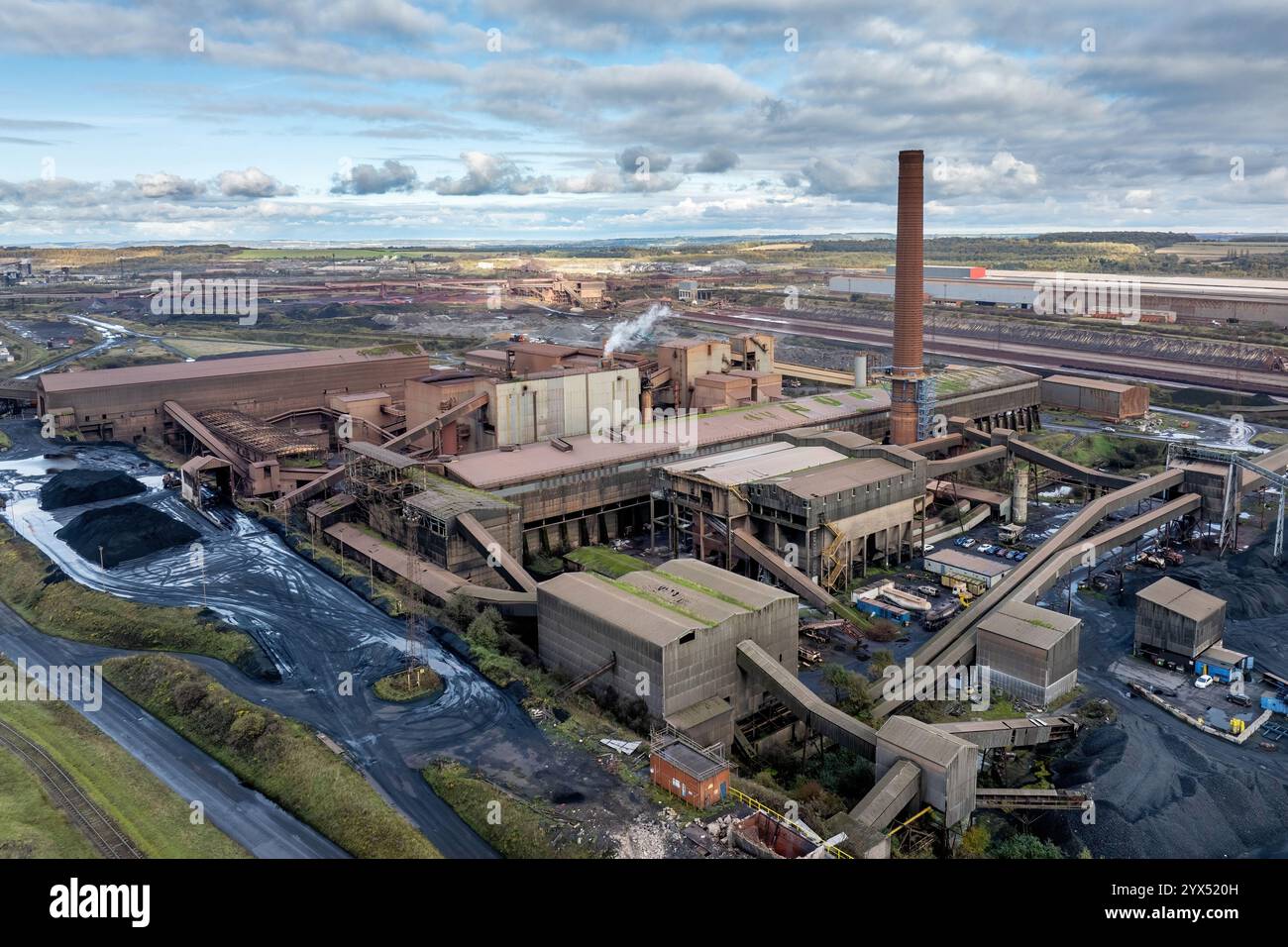 Scunthorpe Steel Works, Luftaufnahme des Stahlwerks in Scunthorpe, Lincolnshire. Hochöfen und Stahlproduktion. Stockfoto