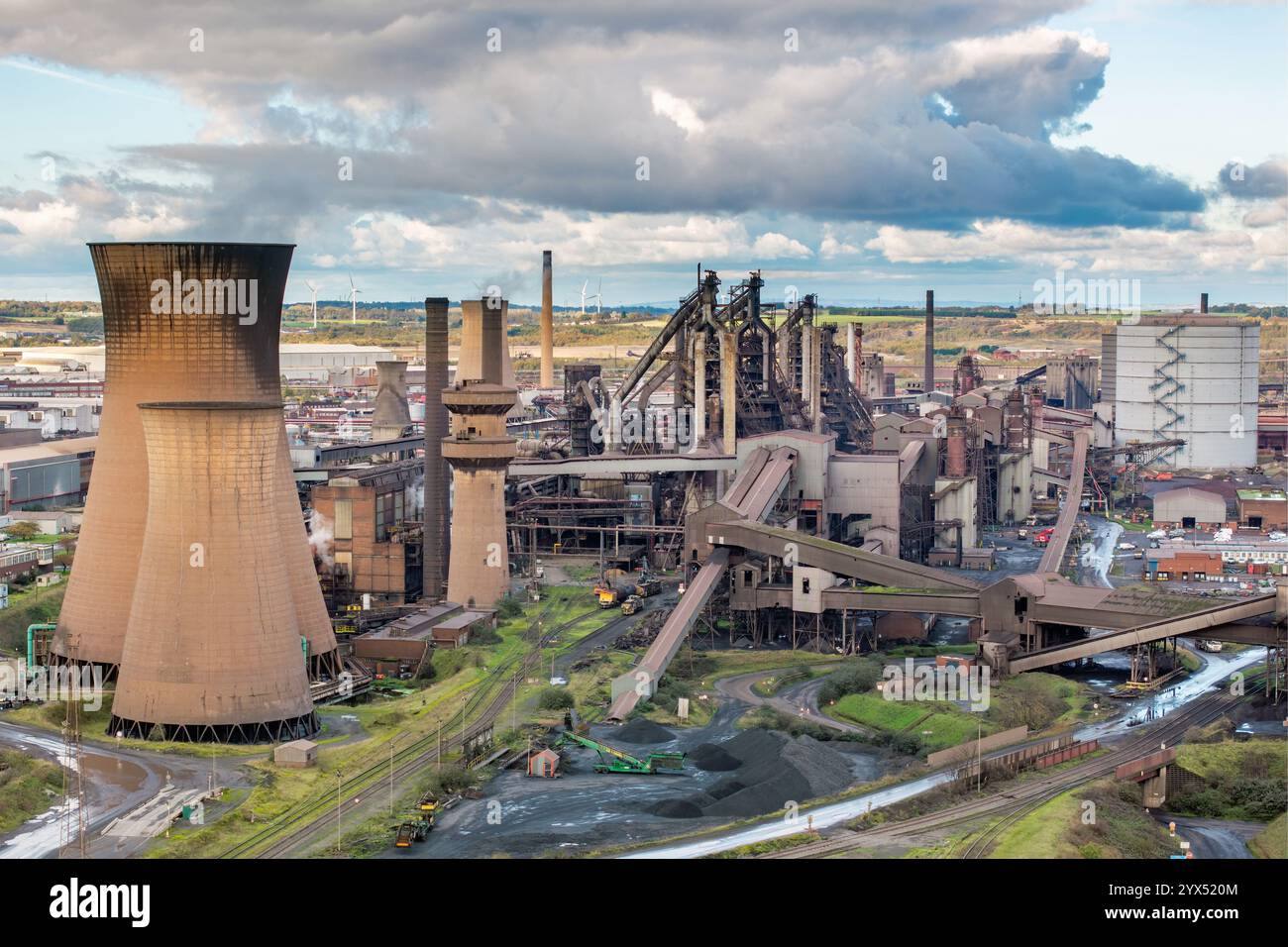 Scunthorpe Steel Works, Luftaufnahme des Stahlwerks in Scunthorpe, Lincolnshire. Hochöfen und Stahlproduktion. Stockfoto