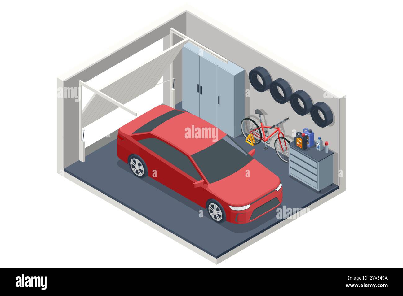 Das isometrische rote Auto parkt in einer aufgeräumten Garage mit Fahrrad, Ersatzrädern und Werkzeugen. Die Garage ist für die Lagerung von Fahrzeugen und technischen Einrichtungen organisiert Stock Vektor