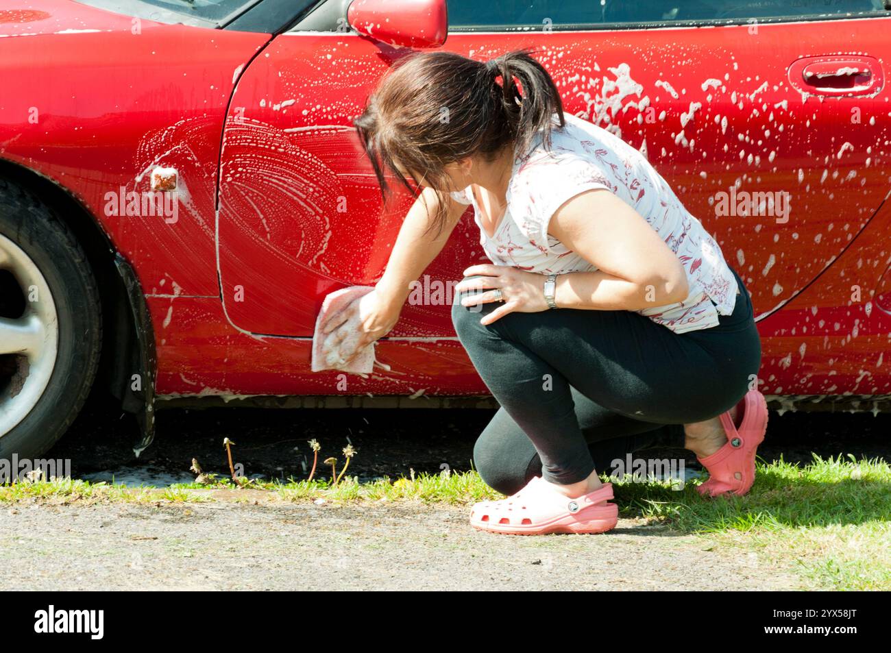 Frau wäscht ihr rotes Auto mit Eimer und Schwamm. Stockfoto
