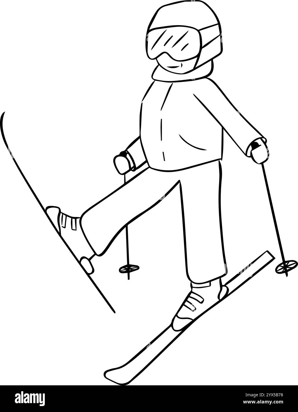 Grafische Linienzeichnung eines lächelnden Skifahrers, der auf dem Berg ruht. Sport und Erholung in den Bergen. Isoliert für Ihre Konstruktionsarbeiten. Vektorillu Stock Vektor