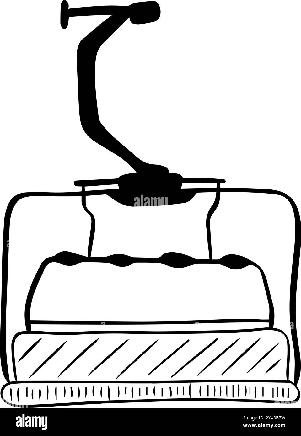 Grafische Darstellung des Skiliftstuhls in schwarz-weißer Linie. Sessellift im Skigebiet lineare Landschaft isoliert. Fahrstuhl Seilbahn Wald monochrome sc Stock Vektor