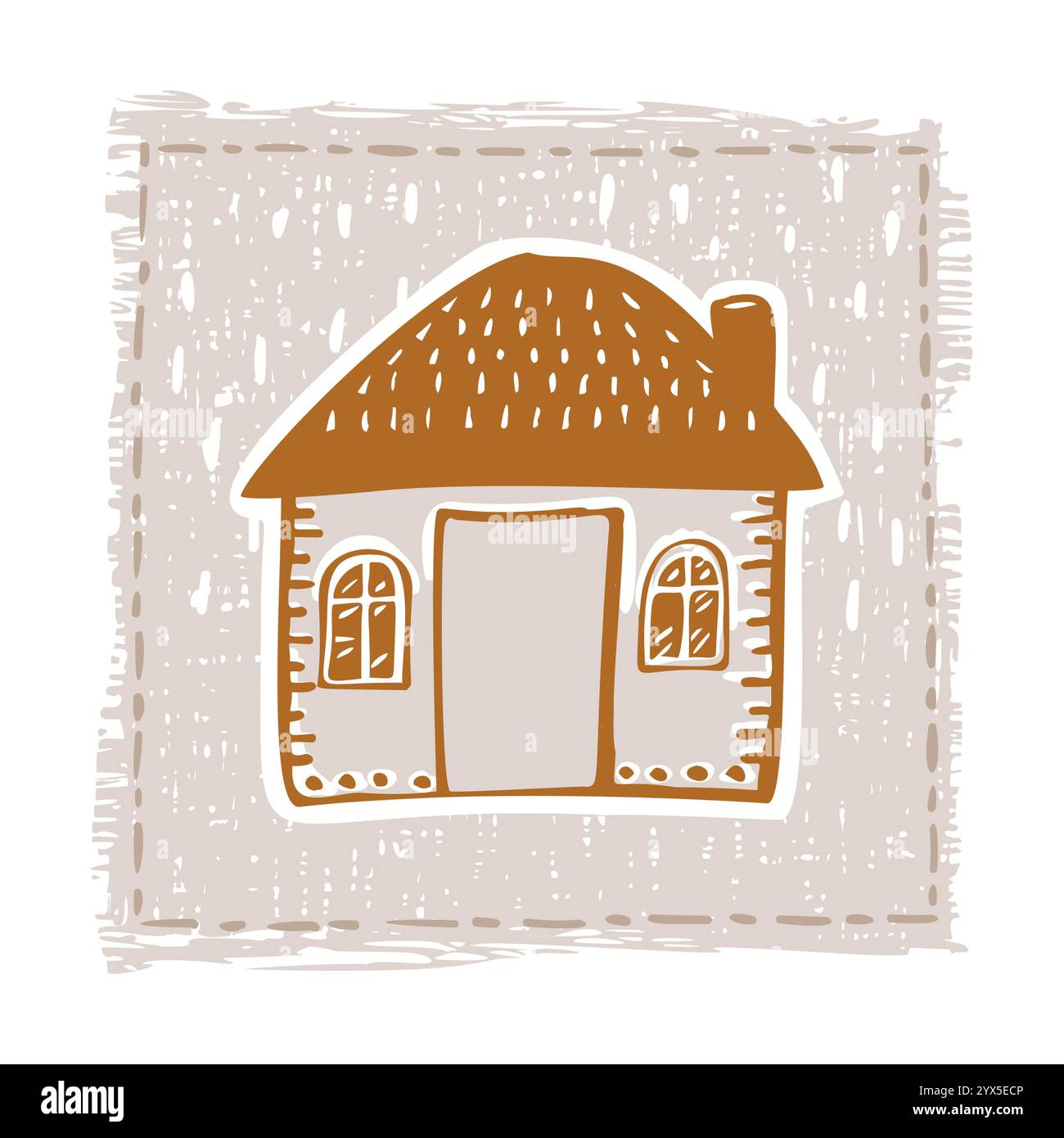 Skurrile schneebedeckte Hüttentür mit festlichem Weihnachtsmotiv im dezember. Winterurlaub soziale Medien niedliches handgezeichnetes festliches Heimkarten-Designelement Stock Vektor