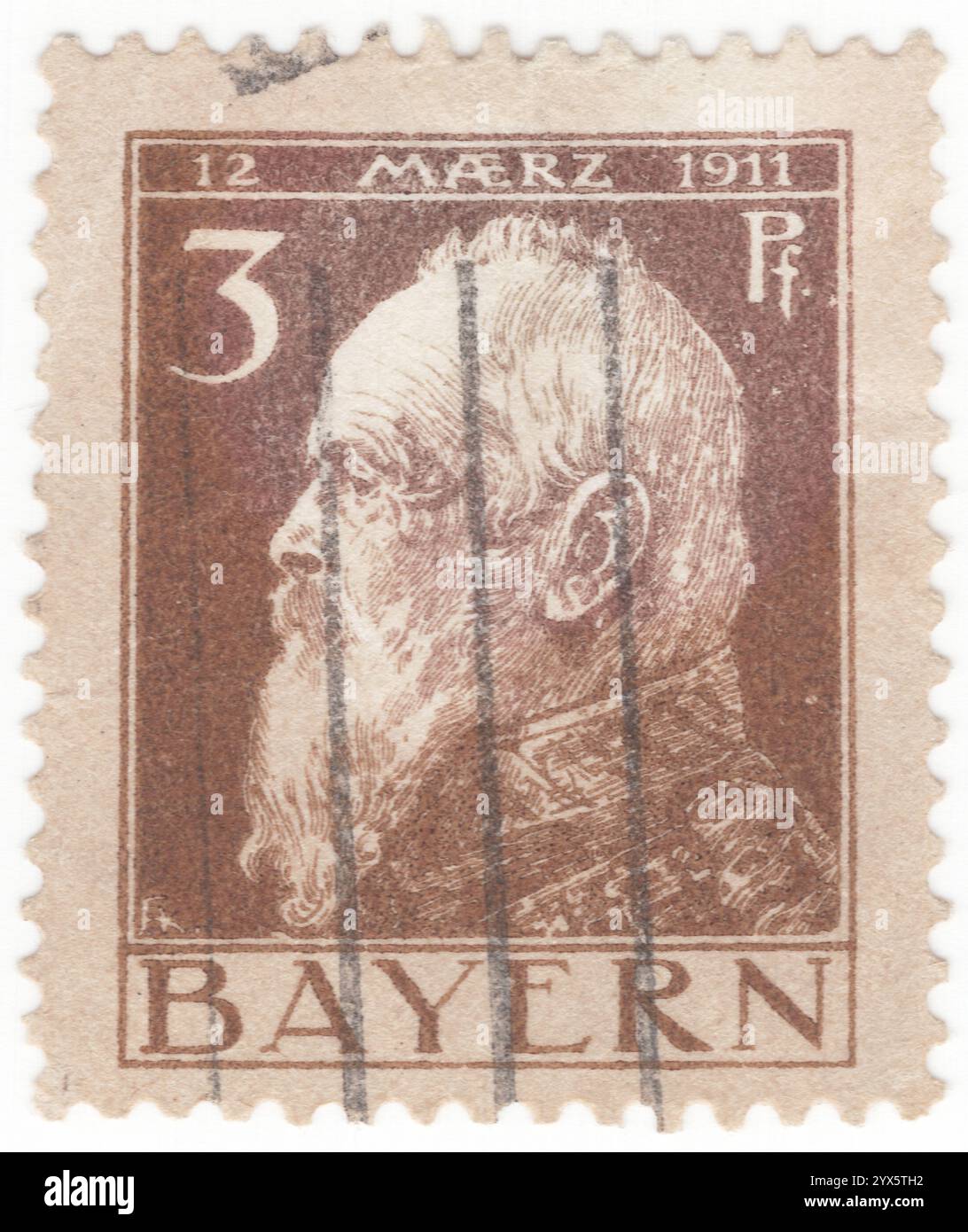 BAYERN — 10. März 1911: 3 Pfennig braun-grau auf brauner Briefmarke mit Porträt des Fürsten Luitpold zum 90. Jahrestag. Luitpold Karl Joseph Wilhelm Ludwig, Prinzregent von Bayern (12. März 1821 – 12. Dezember 1912), war von 1886 bis 1912 de facto Herrscher über Bayern, als Regent für seine Neffen Ludwig II. Und König Otto. Seine Regentschaft entstand aufgrund der geistigen Unfähigkeit seiner Neffen Stockfoto