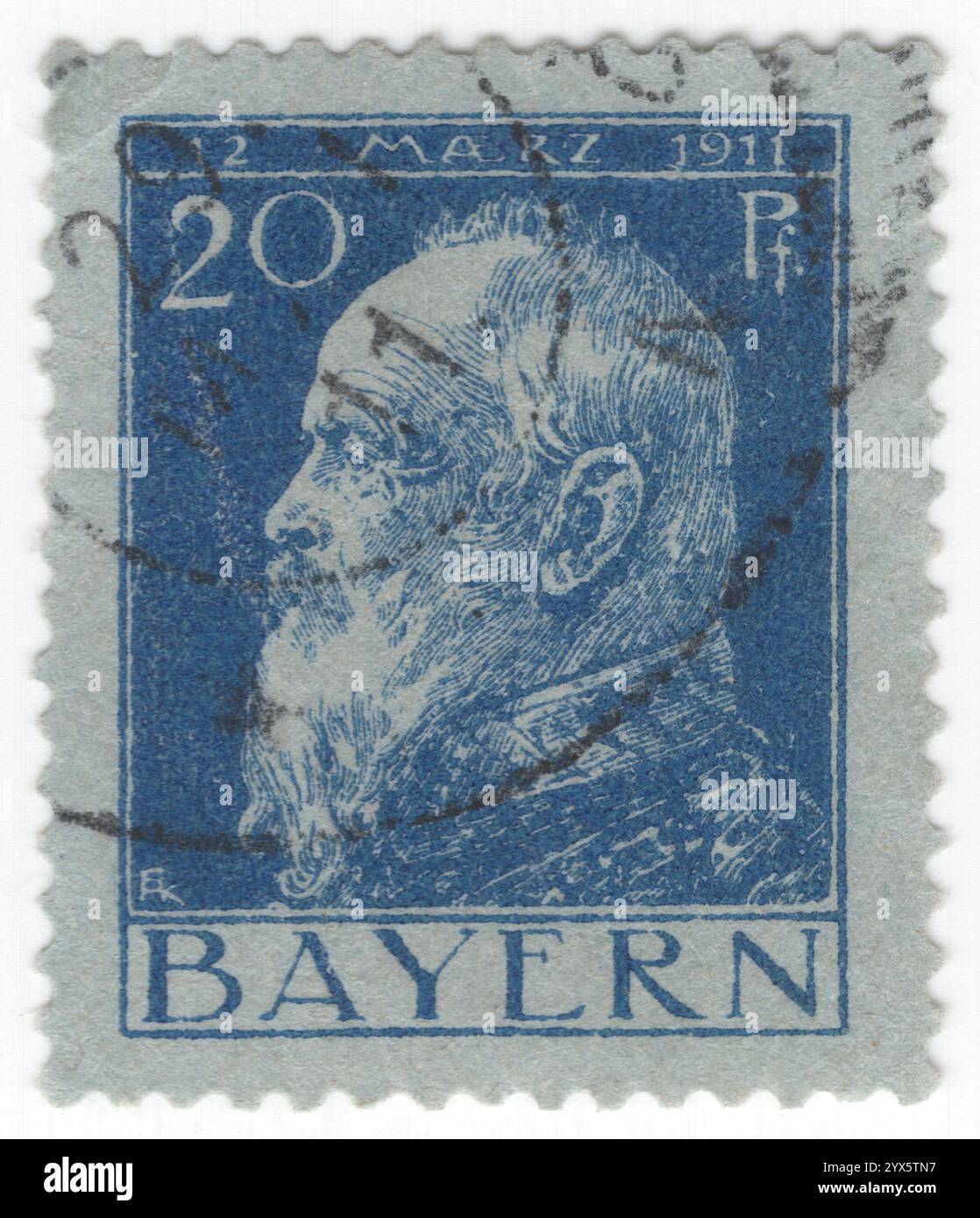 BAYERN — 10. März 1911: 20 Pfennig tiefblau auf blauer Briefmarke mit Porträt des Fürsten Luitpold zum 90. Jahrestag. Luitpold Karl Joseph Wilhelm Ludwig, Prinzregent von Bayern (12. März 1821 – 12. Dezember 1912), war von 1886 bis 1912 de facto Herrscher über Bayern, als Regent für seine Neffen Ludwig II. Und König Otto. Seine Regentschaft entstand aufgrund der geistigen Unfähigkeit seiner Neffen Stockfoto