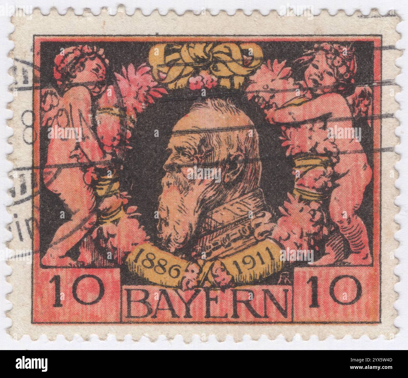 BAYERN — 10. Juni 1911: 10 Pfennig-Rose, gelb-schwarze Briefmarke mit Porträt des Prinzen Regenten Luitpold beim Silbernen Jubiläum. Luitpold Karl Joseph Wilhelm Ludwig, Prinzregent von Bayern (12. März 1821 – 12. Dezember 1912), war von 1886 bis 1912 de facto Herrscher über Bayern, als Regent für seine Neffen Ludwig II. Und König Otto. Seine Regentschaft entstand aufgrund der geistigen Unfähigkeit seiner Neffen Stockfoto