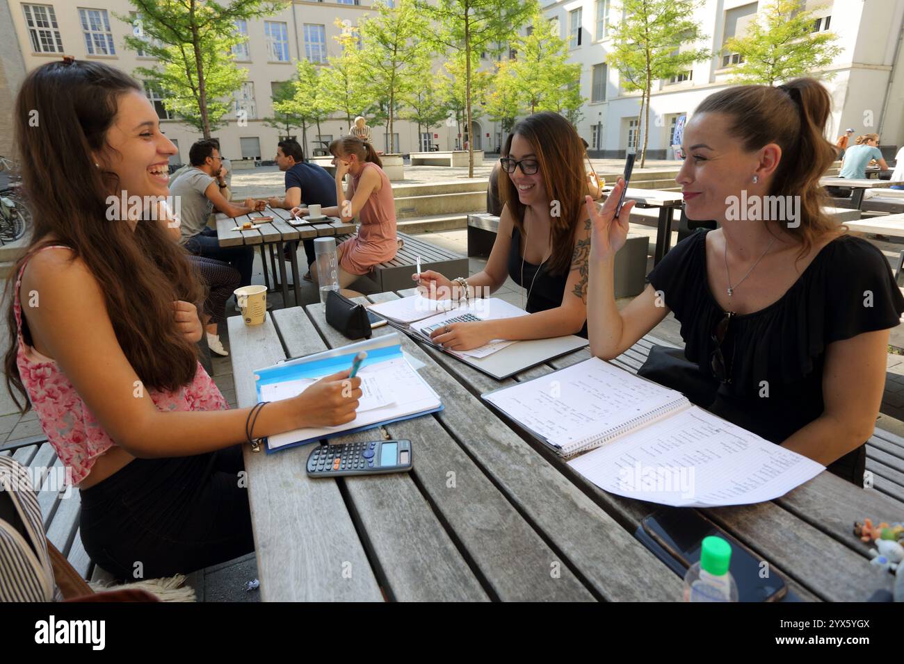 Junge Studentinnen lernen auf dem Campus der Universität Darmstadt Der Technologie Stockfoto