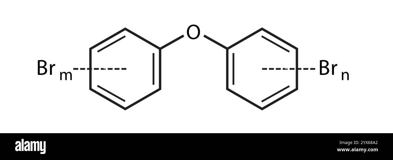 Chemische Struktur polybromierter Diphenylether PBDE isoliert auf weißem Hintergrund Stockfoto