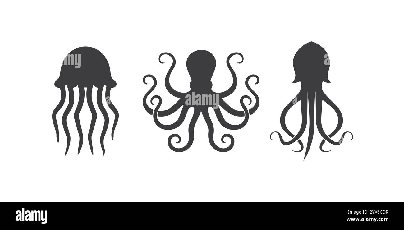 Flache Vektor-Silhouette Illustration von Meeresbewohnern wie Tintenfisch, Tintenfisch und Quallen auf weißem Hintergrund Stock Vektor