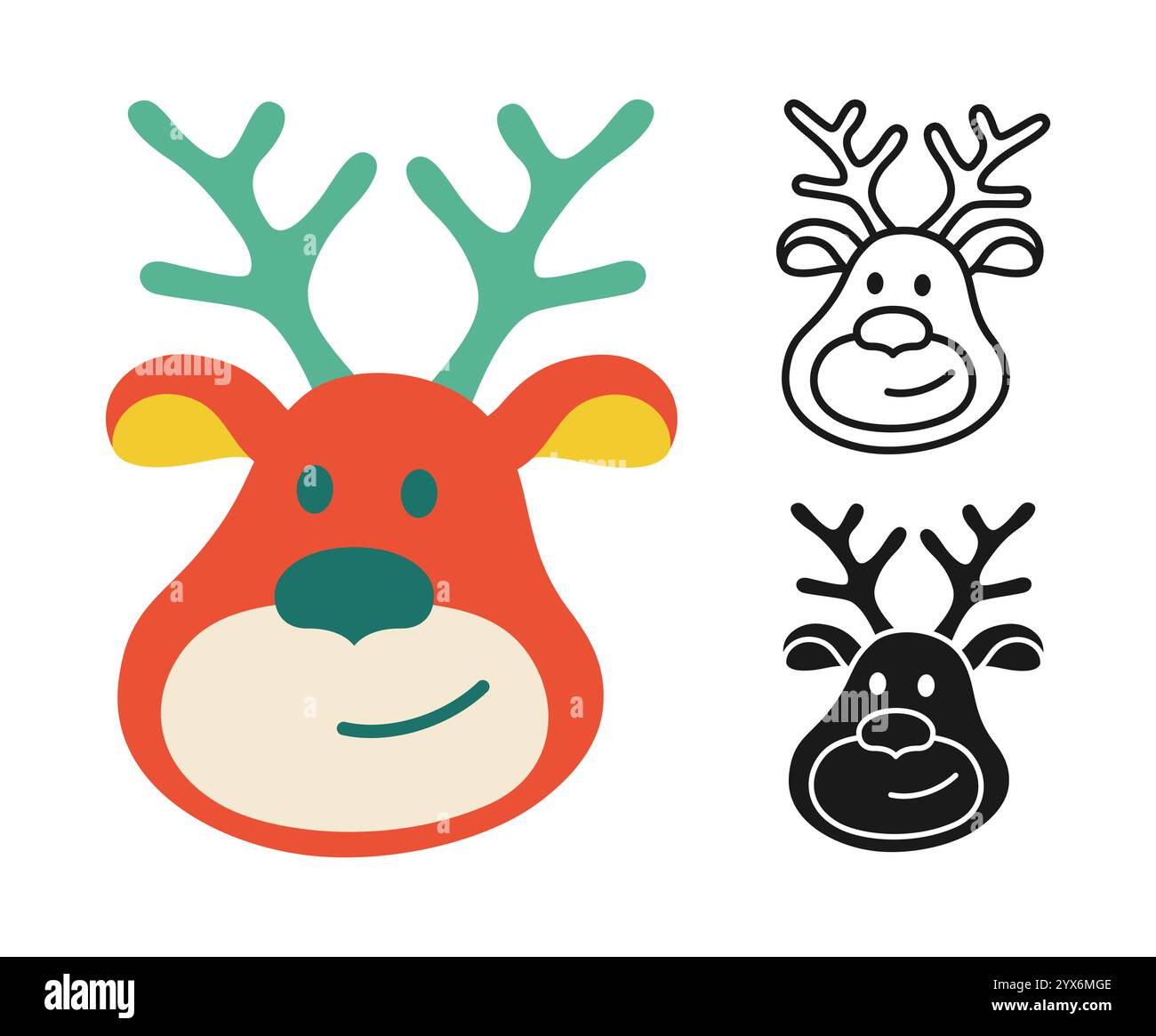 Weihnachtshirschkopf-Symbol-Set. Grafiksymbol Neujahr. Weihnachten festliche Rentierkunst einfache Illustration. Hirschschild für Weihnachtsgrußkarte, Postkarte, Aufkleber, Einladung, Kalender, Webbanner-Vektor Stock Vektor
