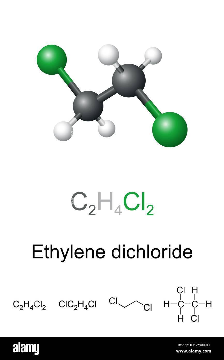 Ethylendichlorid, EDC, Molekülmodell und chemische Formel. Kugelmodell von 1,2-Dichlorethan, einer chemischen Verbindung. Stockfoto