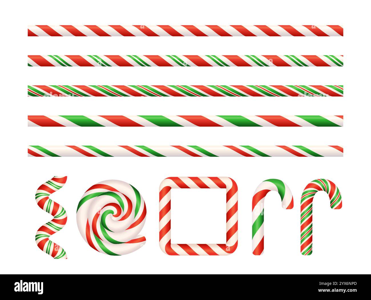Weihnachtliches Zuckerrohr-Set. Nahtlose, geradlinige Linien mit sich wiederholendem Weihnachtsstreifen-Lutscher-Muster. Süßigkeiten-Ornament. Realistischer Comic-Vektor Stock Vektor