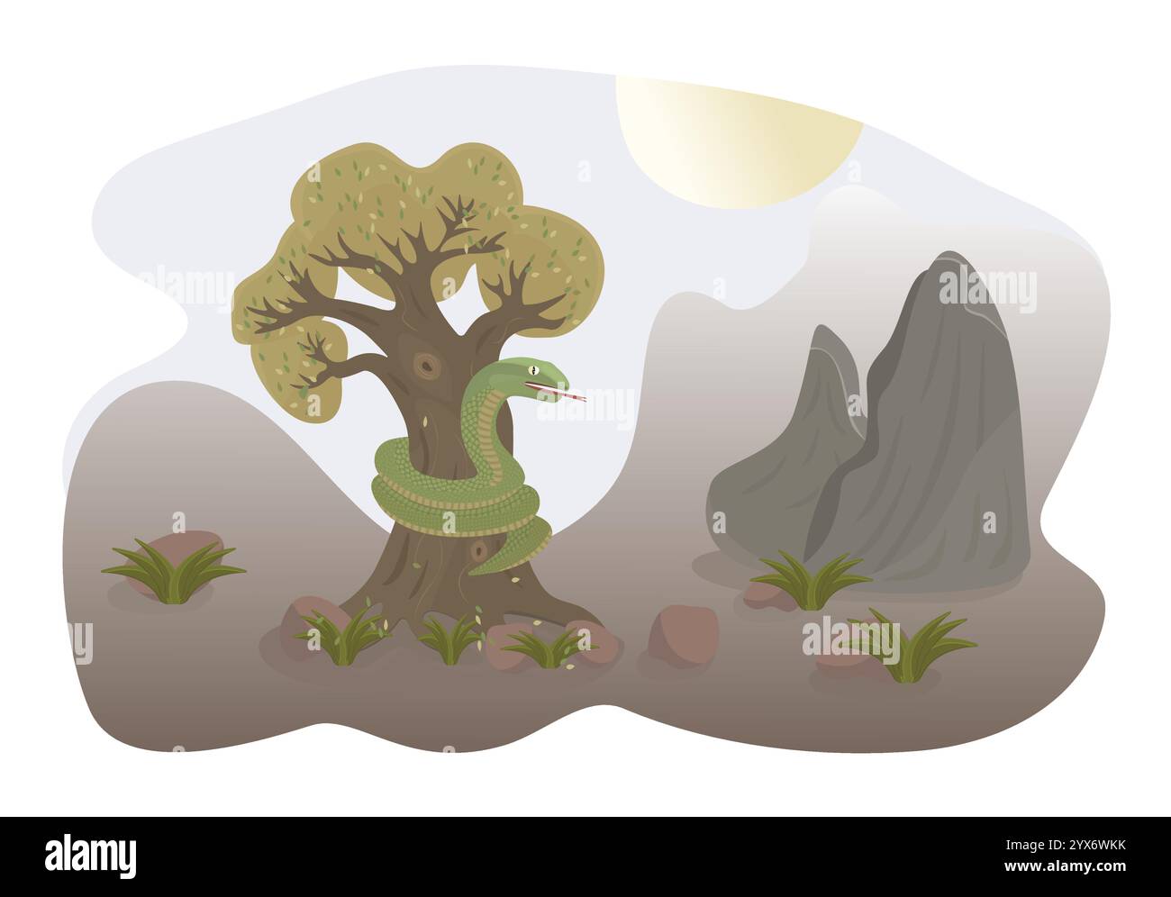 Grüne Schlange auf dem Baum in der Nähe von Bergen, vektorbunte Illustration Stock Vektor