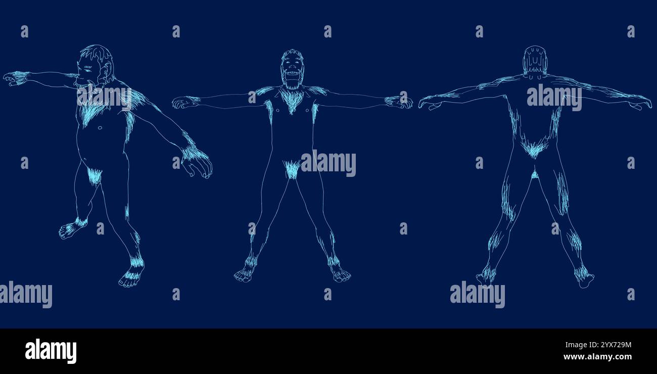 Set der Neandertaler-man-Kontur. Ansicht vorne, hinten, isometrisch. Vektorabbildung Stock Vektor