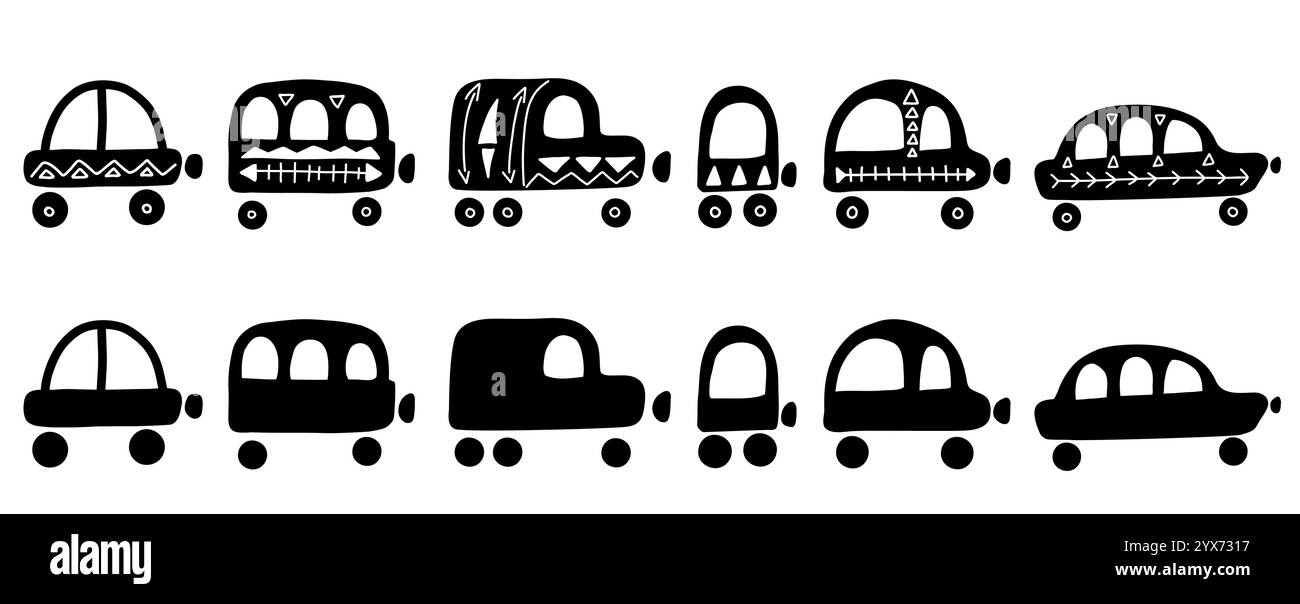 Vektorsatz von handgezeichneten schwarzen Silhouetten von Autos im naiven Stil. Sammlung von ClipArt verschiedener Transporte isoliert vom Hintergrund. Stock Vektor