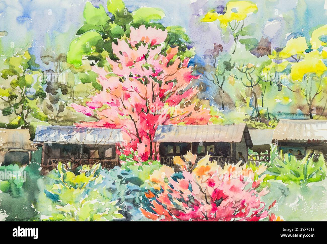 Aquarell Original Landschaftsgemälde gelb, grün und lila rosa Farbe der Sakura Blumen auf blauem Hintergrund Stockfoto