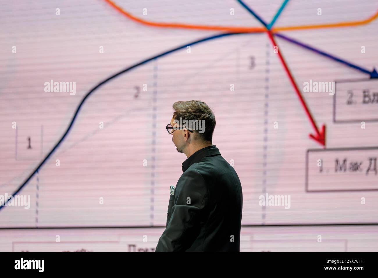Professioneller Referent diskutiert Wachstumstrends und Dateninterpretationen, betont visuelle Analysen und Entscheidungsprozesse. Stockfoto