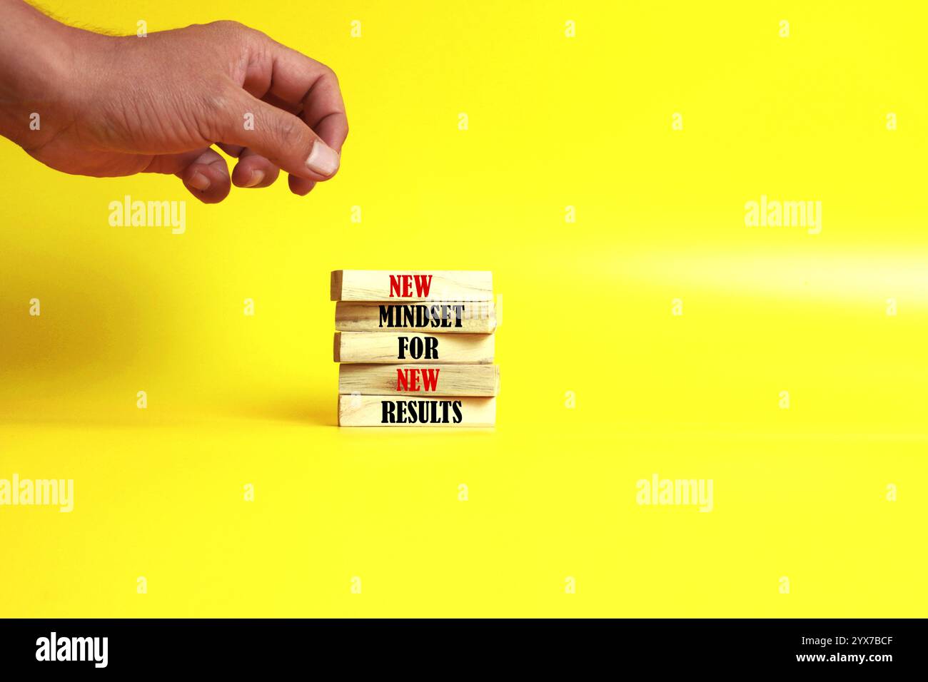 Mindset-Symbol. Holzblöcke mit den Worten New Mindset neues Ergebnis. Schöner gelber Hintergrund. Business and New Mindset – Neues Ergebniskonzept. Geschäftsmann Stockfoto