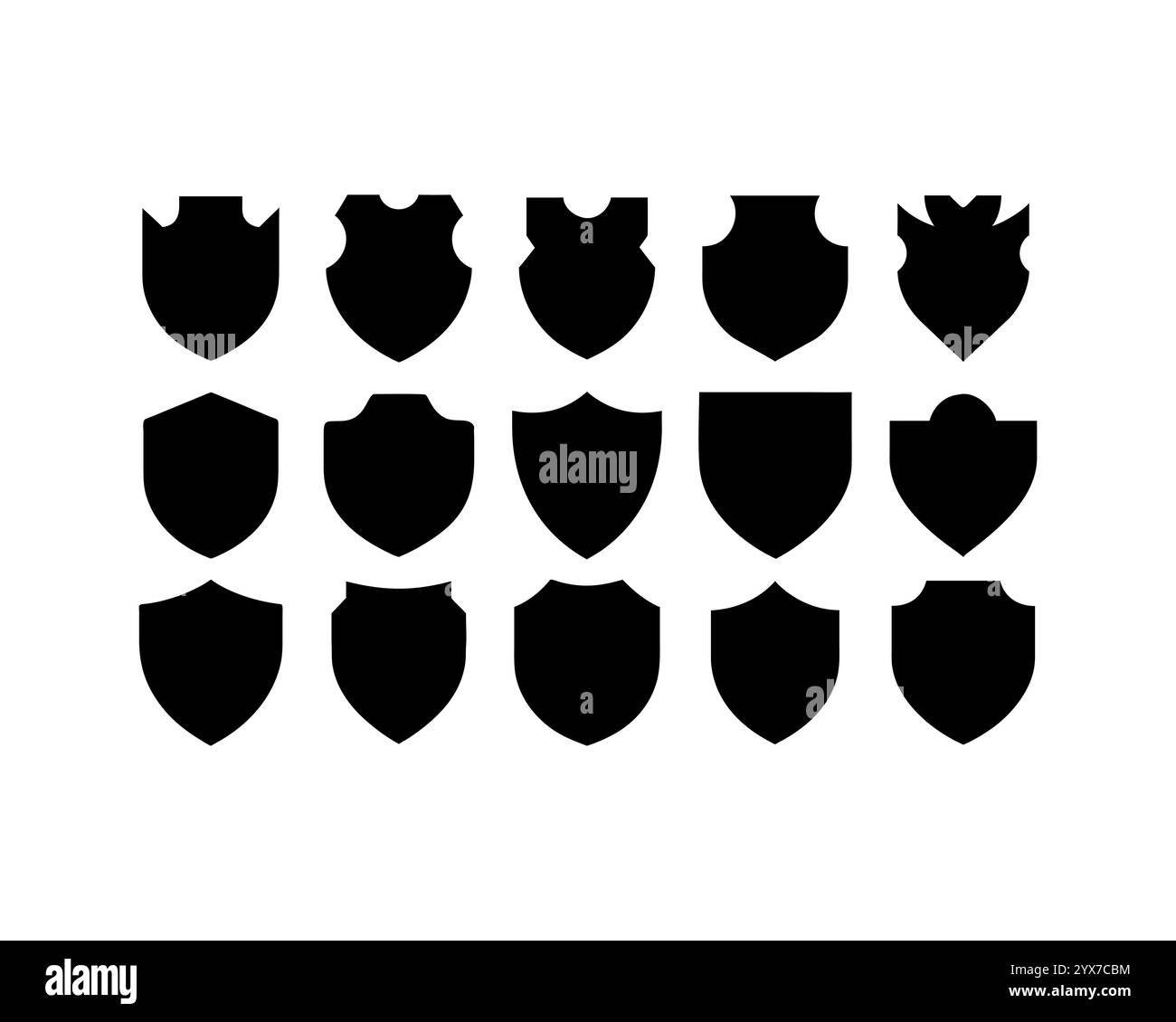 Schild-Symbol. Heraldisches Schildset. Schwarze Ritterprämienkonturen und lineare Schilder. Shapes Shape Silhouette, Badge Qualitätssymbol, Schild, Logo. Stock Vektor