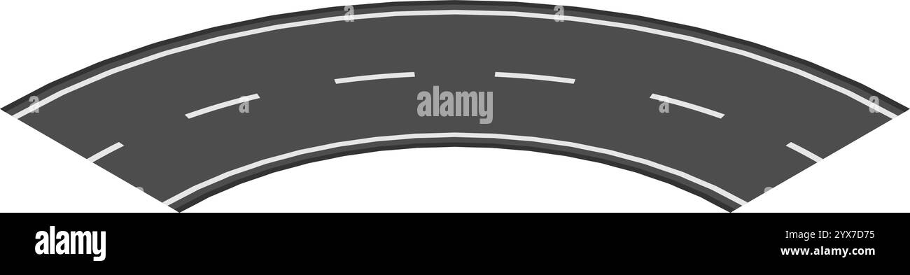 Blick von oben nach unten auf einen gekrümmten Abschnitt der Asphaltstraße mit weißen Fahrbahnteilern, die sich in die Entfernung erstrecken und ein Gefühl von Fahrt und Transport schaffen Stock Vektor