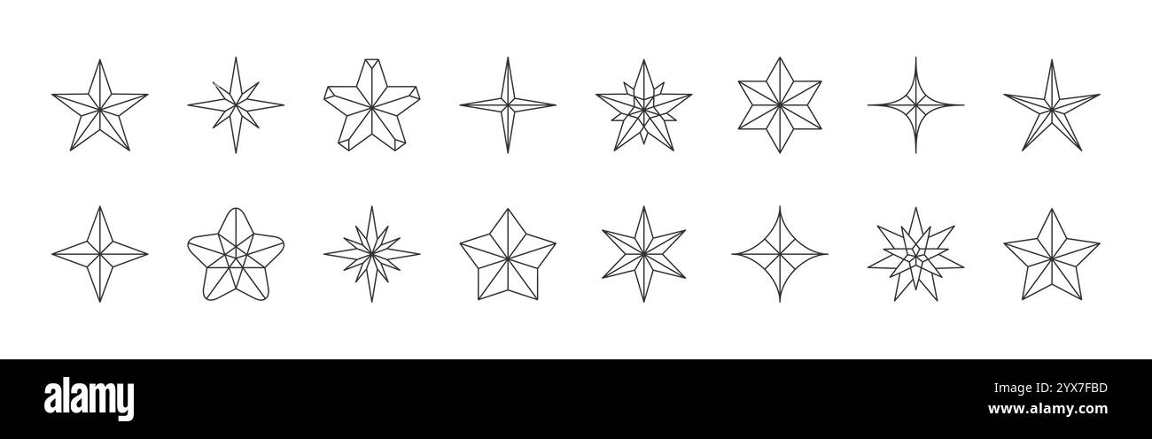 Das lineare Set von Sternen umfasst fünf spitze geometrische Glitzerformen, strahlende Designs und scharfe Formen. Minimalistische Konturen, abstrakte Muster, dekorative Details klare Linien präzise Symmetrie Stock Vektor