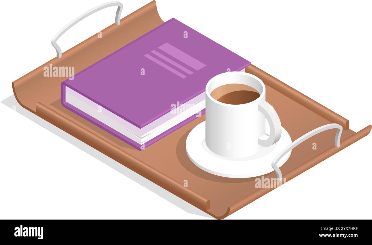 Ein Holztablett mit einem geschlossenen lila Buch neben einer dampfenden Tasse Kaffee lädt zum Entspannen und Genießen ein Stock Vektor