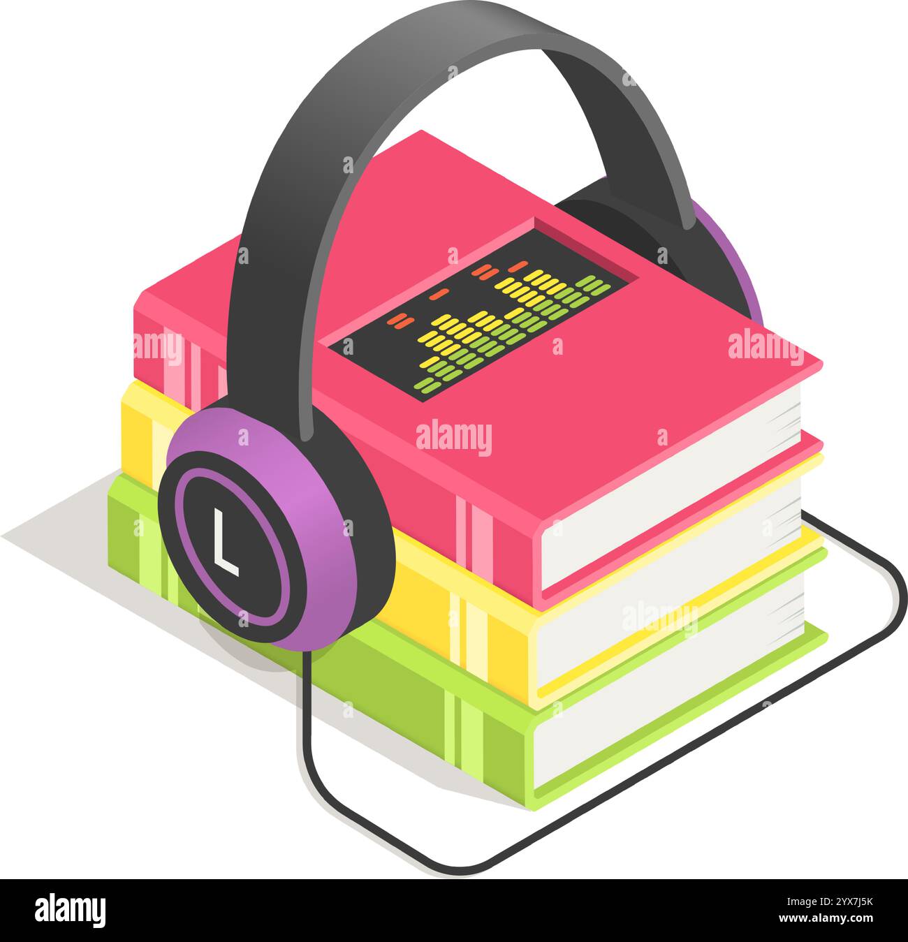 Kopfhörer spielen ein Hörbuch aus einem Stapel farbenfroher Bücher ab, und ein digitales Equalizer-Display zeigt die Audiopegel auf dem obersten Buch an Stock Vektor