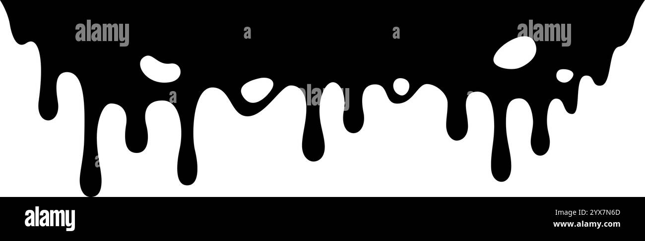 Schwarze Farbe tropft auf einem weißen Hintergrund und schafft mit ihren unregelmäßigen Formen und fließenden Bewegungen einen abstrakten und künstlerischen visuellen Effekt Stock Vektor