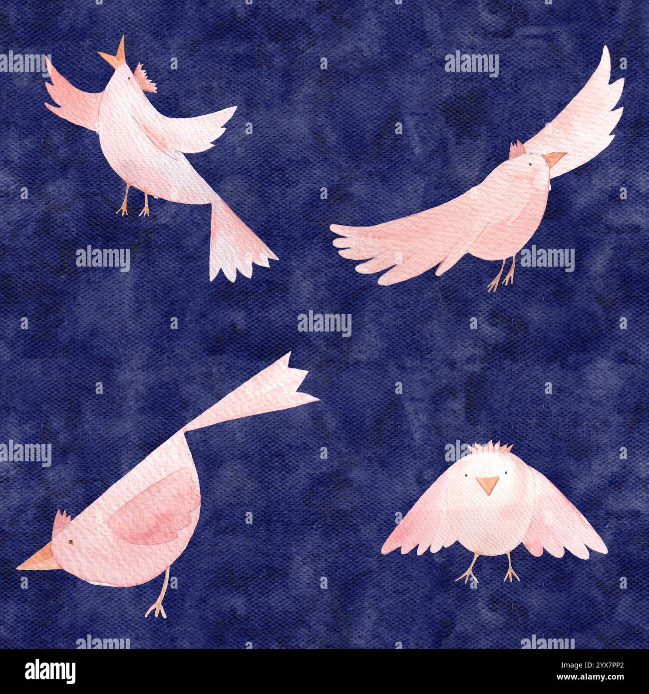 Rosa Vögel fliegen, singen, schauen, handgemalt nahtloses Aquarellmuster auf dunkelblauem strukturiertem Hintergrund. Hochwertige Clip-Art, ideal für Stockfoto