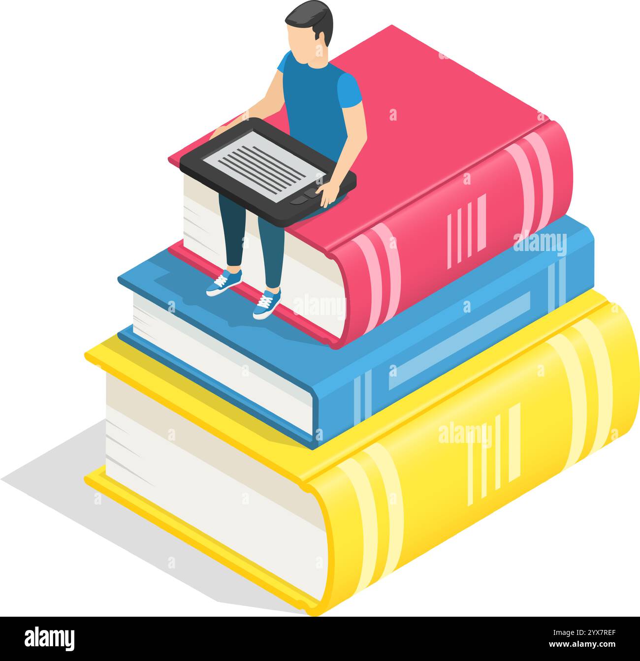 Junge Schüler, die ein E-Book lesen, während sie auf einem Stapel übergroßer Bücher sitzen, verkörpern die Essenz von Online-Bildung und E-Learning in einem lebendigen Stock Vektor