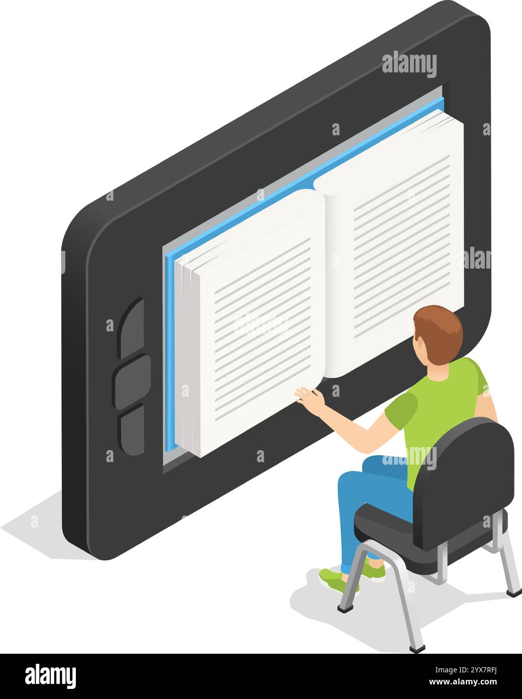Ein junger Schüler sitzt bequem auf einem Stuhl und liest ein großes eBook auf einem riesigen Tablet, das das Konzept des Online-Programms veranschaulicht Stock Vektor